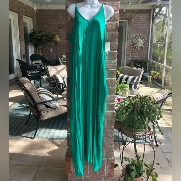 LOVESTITCH Bright Emerald Green Gauze Boho Maxi Dress Pockets M L Adjustable NWT - Picture 5 of 9
